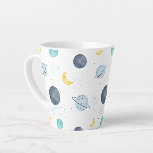 Taza De Café Latte Patrón de plano de espacio azul acuarela (Ángulo izquierdo)