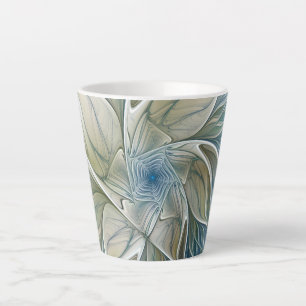 Taza De Café Latte Patrón de sueño floral abstracto azul caqui fracta