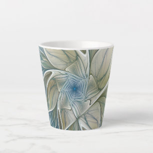 Taza De Café Latte Patrón de sueño floral abstracto azul caqui fracta