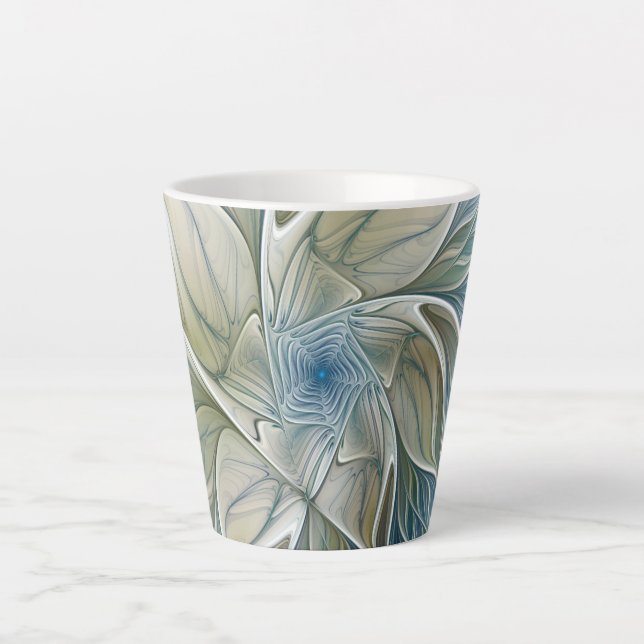 Taza De Café Latte Patrón de sueño floral Resumen Fractal caqui azul (Anverso)