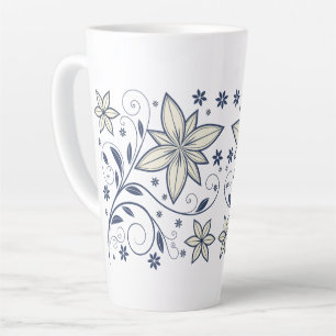 Taza De Café Latte Patrón floral azul de la Marina Elegante  