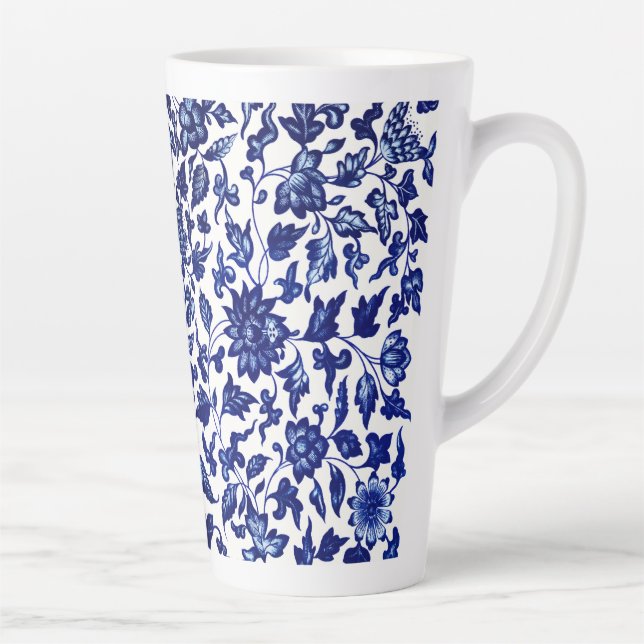 Taza De Café Latte Patrón floral azul marino oscuro chino sobre blanc (Derecha)
