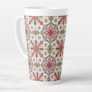Taza De Café Latte Patrón floral boho en rojo, rosa y azul verdoso