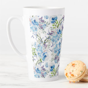 Taza De Café Latte Patrón floral continuo de acuarela azul