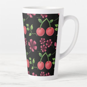 Taza De Café Latte Patrón floral de cereza roja