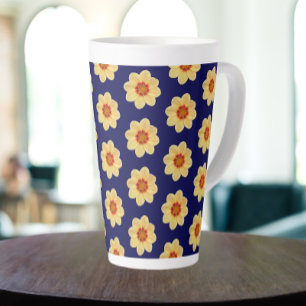 Taza De Café Latte Patrón floral de Dahlia amarillo en azul