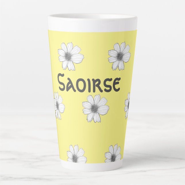 Taza De Café Latte Patrón floral Nombre personalizado amarillo (Anverso)