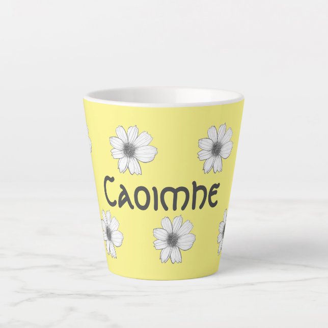 Taza De Café Latte Patrón floral Nombre personalizado amarillo (Anverso)