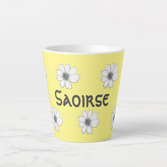 Taza De Café Latte Patrón floral Nombre personalizado amarillo (Anverso)