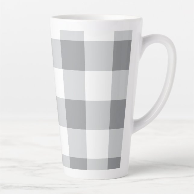 Taza De Café Latte Patrón Gingham Gris Y Blanco (Derecha)