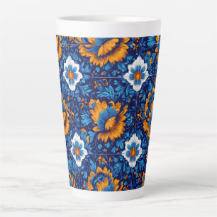 Taza De Café Latte Patrón Ornate Floral en mosaicos azules y Naranjas
