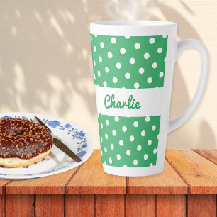 Taza De Café Latte Patrón Retro de Lunares Verdes con Nombre Personal