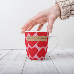 Taza De Café Latte Patrón Romántico Fancy Red & Pink Hearts