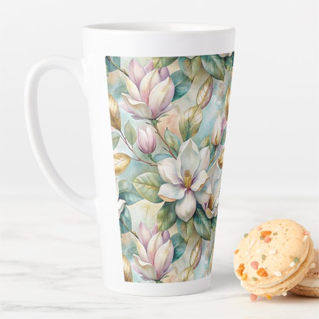 Taza De Café Latte Pattern Elegant Magnolia Flowers (In situ)