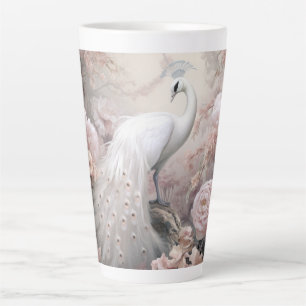 Taza De Café Latte Pavo Real Romántico y Flores Rosa Rubor