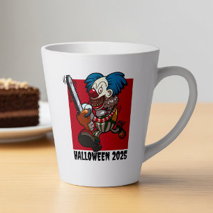Taza De Café Latte Payaso loco en Chainsaw Halloween Editable Año de 