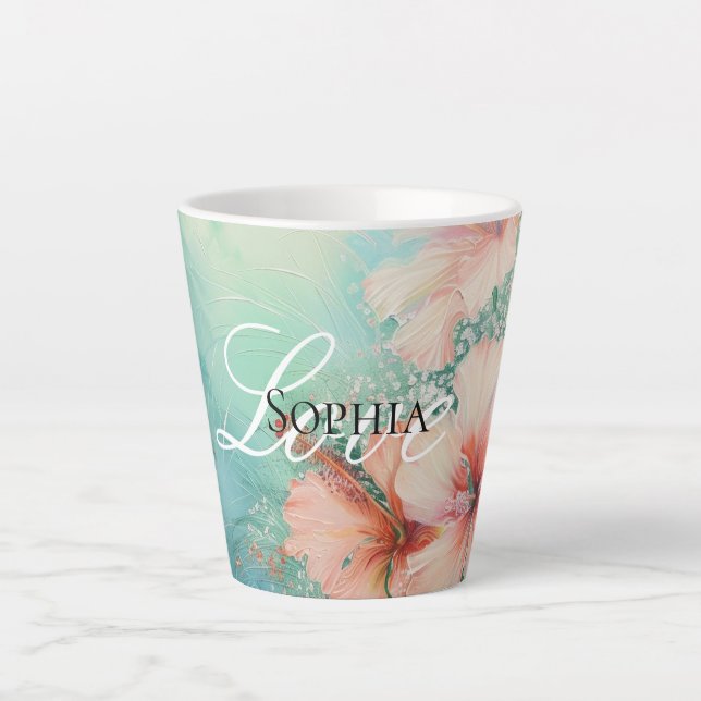 Taza De Café Latte Peach White Hibiscus Floral Love (Anverso)