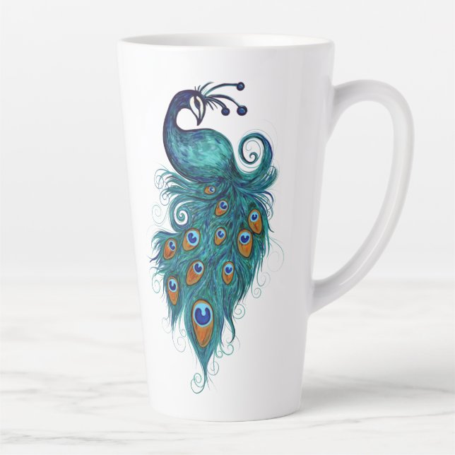 Taza De Café Latte Peacock Feathers Peacocks Verde azulados (Derecha)
