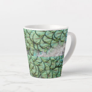 Taza De Café Latte Peacock Green Gray Feathers Latte Mug