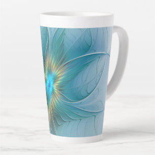 Taza De Café Latte Pequeña belleza arte fractal moderno azul oro Flor