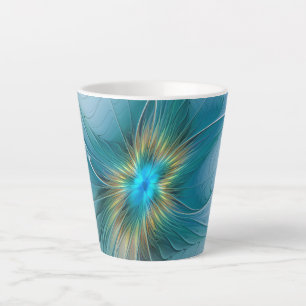 Taza De Café Latte Pequeña belleza arte fractal moderno azul oro Flor