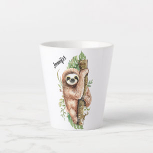 Taza De Café Latte Perezoso Cute Acuarela & Hojas Tropicales