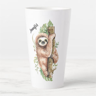 Taza De Café Latte Perezoso Cute Acuarela & Hojas Tropicales
