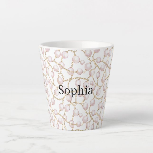 Taza De Café Latte Perlas Glam Rosa Dorado   (Anverso)