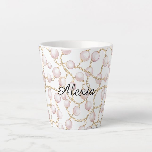 Taza De Café Latte Perlas Glam Rosadas Gold (Anverso)