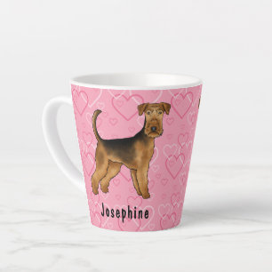 Taza De Café Latte Perro Airedale Terrier con Corazones Rosas y Nombr