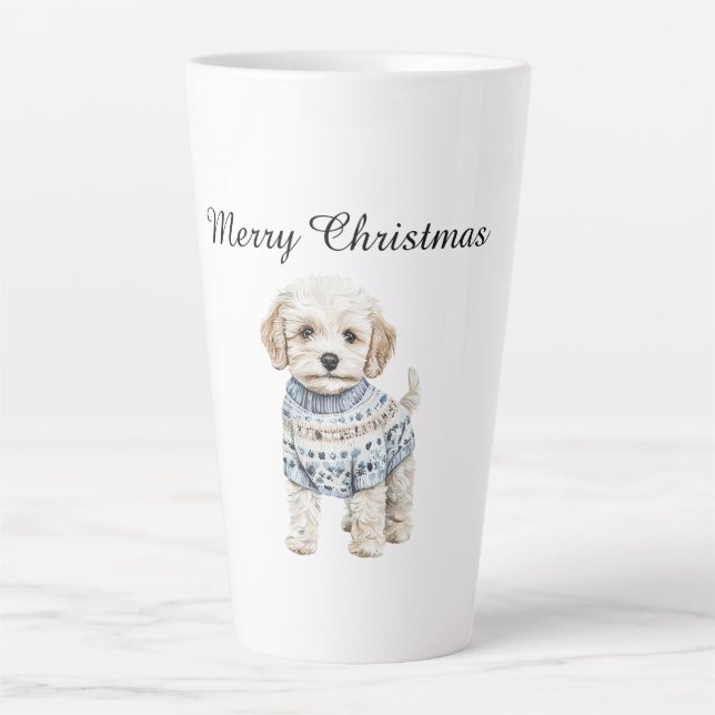 Taza De Café Latte Perro blanco en Navidades de suéter azul (Anverso)