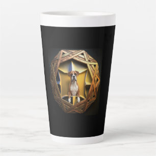 Taza De Café Latte Perro Boxer Marrón Y Blanco En Un Marco Futurista