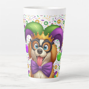 Taza De Café Latte Perro cachorro lindo Mardi Gras en gorra de bufón