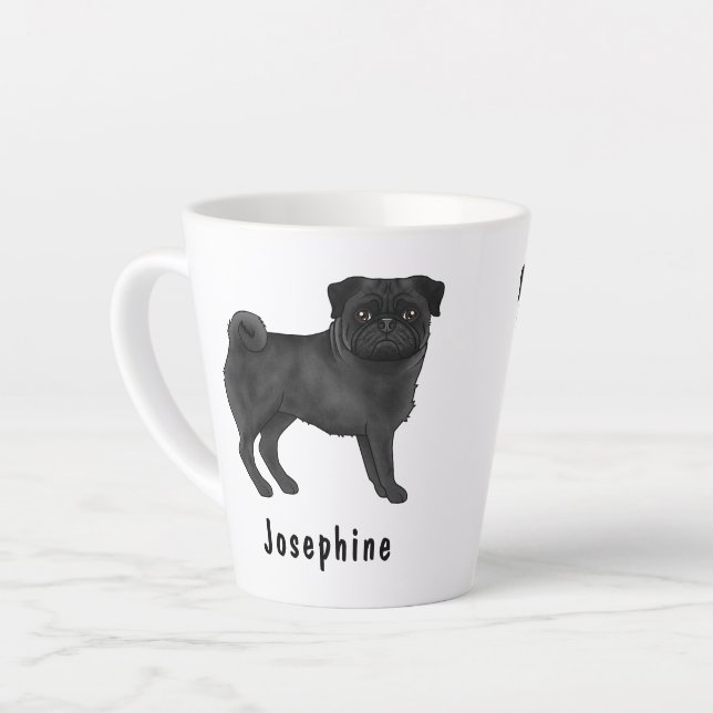 Taza De Café Latte Perro de caricatura de Black Pug Cute con nombre p (Ángulo izquierdo)