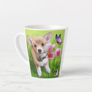Taza De Café Latte Perro lindo con flores de rosa