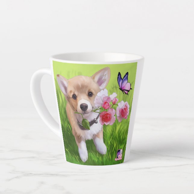 Taza De Café Latte Perro lindo con flores de rosa (Ángulo izquierdo)