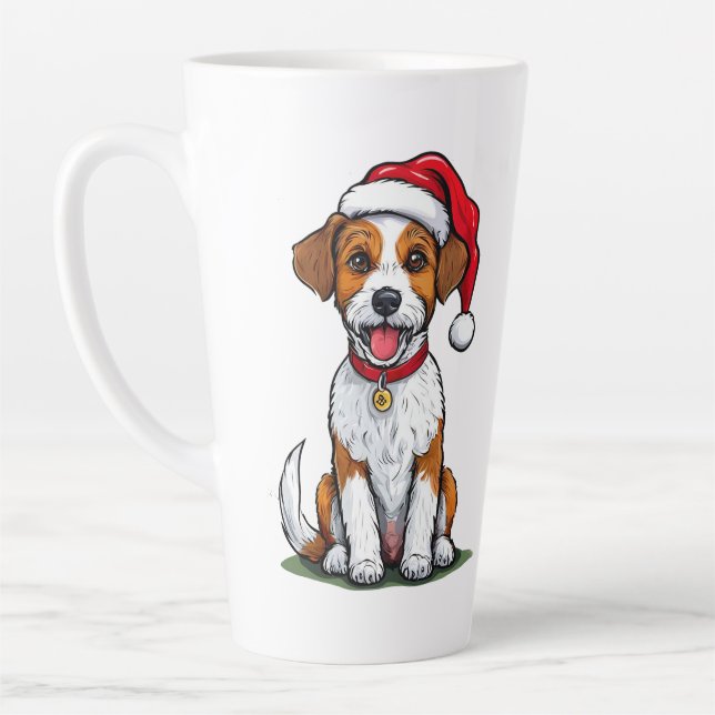 Taza De Café Latte Perro lindo con Sombrero de Santa Sat sentado y so (Izquierda)