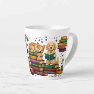 Taza De Café Latte Perros Leyendo Libros Escena de Biblioteca Acogedo