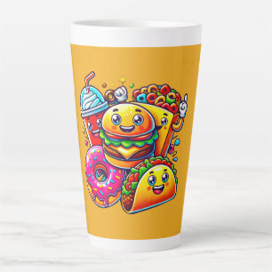 Taza De Café Latte Personajes Felices de Comida Rápida Arte para