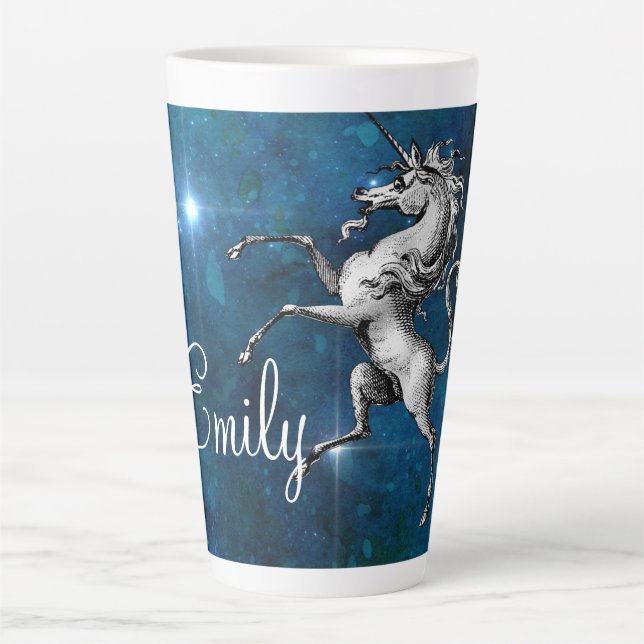 Taza De Café Latte Personalizable celeste unicornio (Anverso)