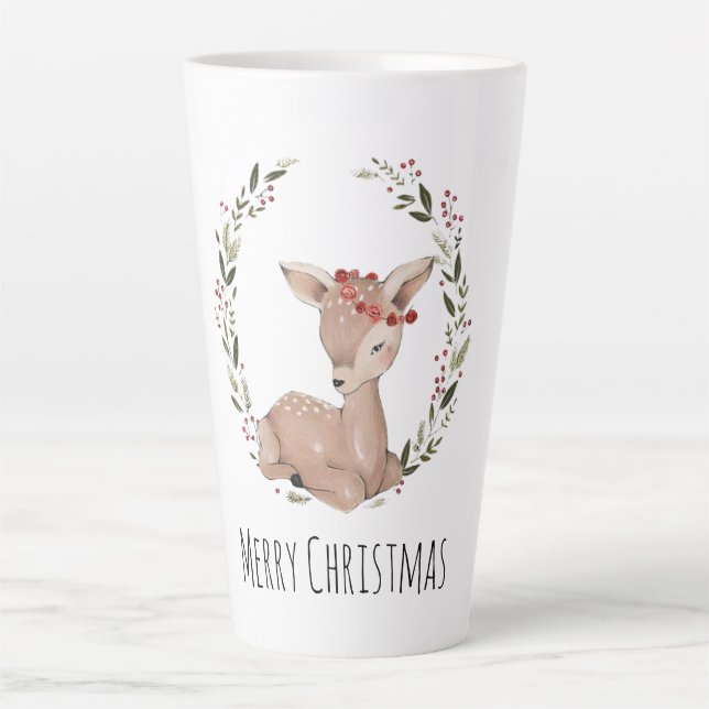Taza De Café Latte Personalizable Fawn Wreath navidades (Anverso)