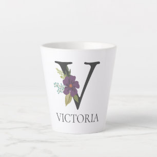 Taza De Café Latte Personalizable floral moderno letra monogramada V