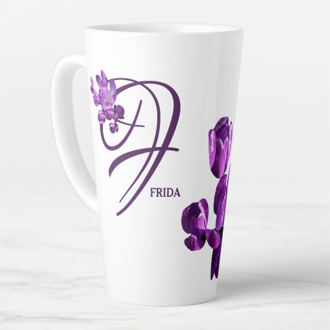 Taza De Café Latte Personalizable Frida nombre morado floral moda boh (Ángulo izquierdo)