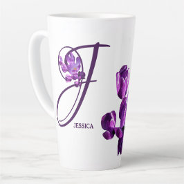 Taza De Café Latte Personalizable Jessica nombre flores moradas boho