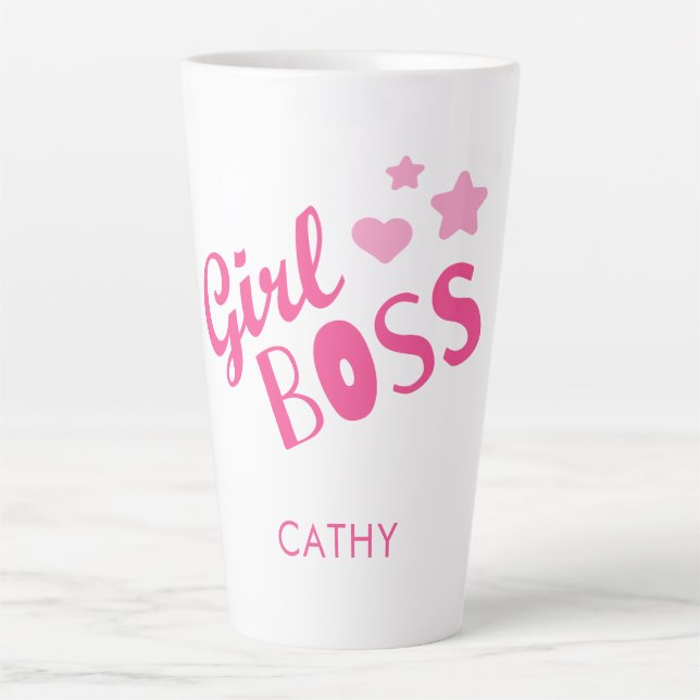 Taza De Café Latte Personalizado Chica Boss Fun Typography Pink (Anverso)
