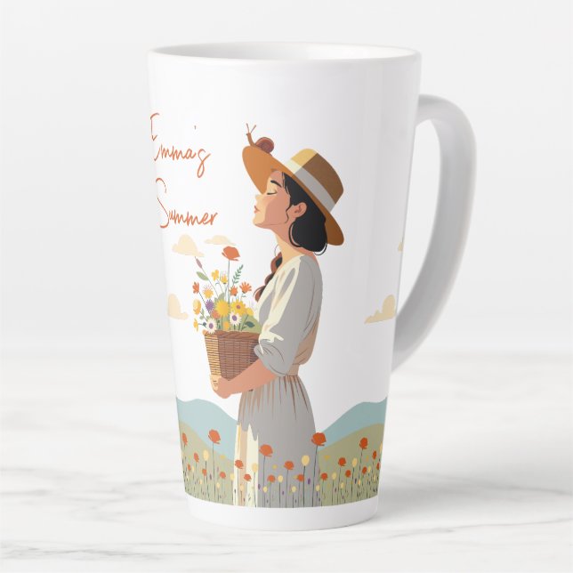 Taza De Café Latte Personalizado Chica Jardín Floral Personalizada (Ángulo derecho)