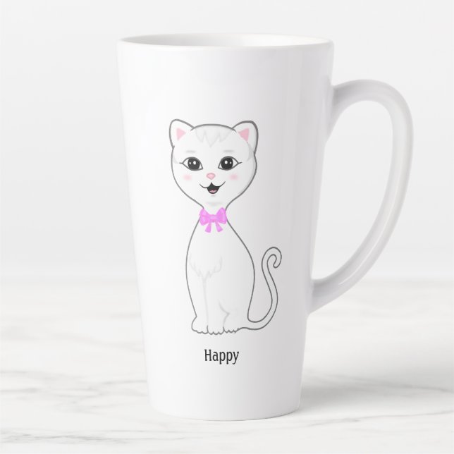 Taza De Café Latte Personalizado Cute Happy White Cat (Derecha)