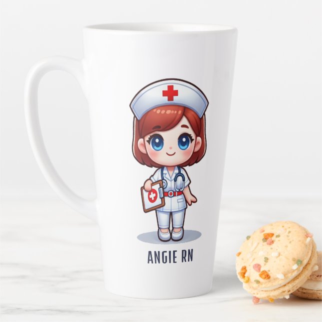 Taza De Café Latte Personalizado Cute Manga Enfermera Redhead Blue Ey (In situ)