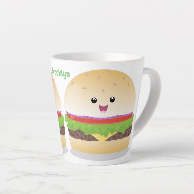Taza De Café Latte Personalizado de hamburguesa kawaii feliz (Ángulo derecho)