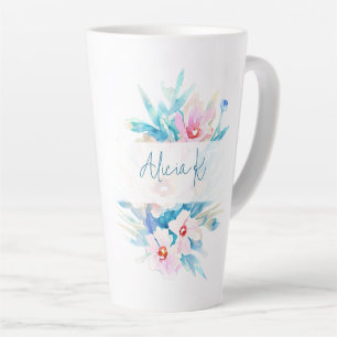 Taza De Café Latte Personalizado floral acuarela rosa y azul